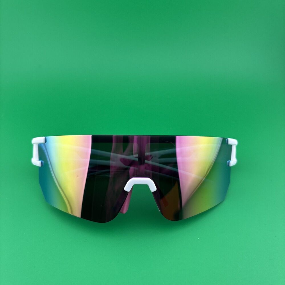 New BOWILL Polarized Cycling Sunglasses White Frame Rainbow Mirror Lens UV400